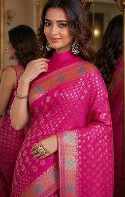 Pink soft silk blend banarasi jacuard work festive saree with unstitched blouse piece 2