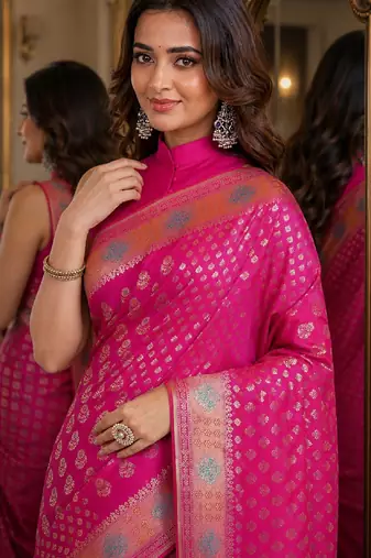 Pink soft silk blend banarasi jacuard work festive saree with unstitched blouse piece