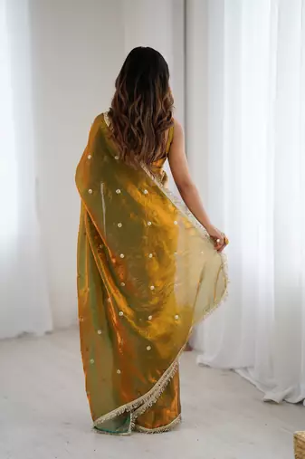 gold fendy satin fabric trending sequins embroidered saree