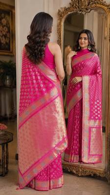 Pink soft silk blend banarasi jacuard work festive saree with unstitched blouse piece 3