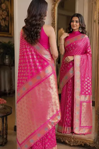 Pink soft silk blend banarasi jacuard work festive saree with unstitched blouse piece