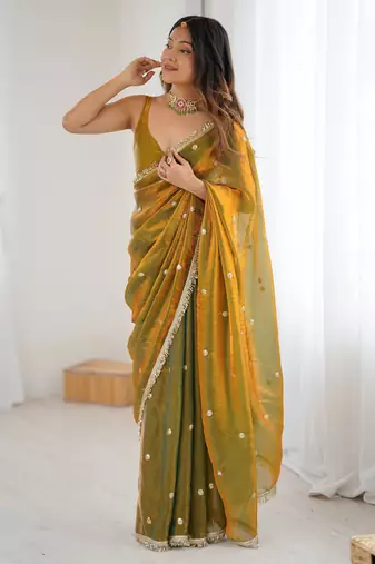gold fendy satin fabric trending sequins embroidered saree