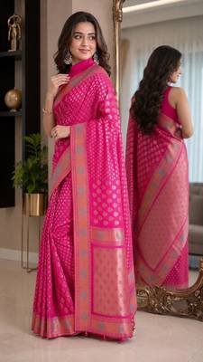 Pink soft silk blend banarasi jacuard work festive saree with unstitched blouse piece 4