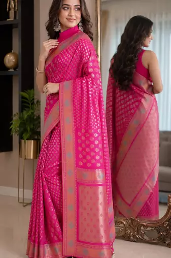 Pink soft silk blend banarasi jacuard work festive saree with unstitched blouse piece