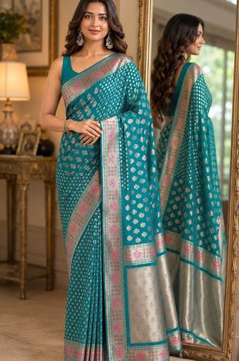 Rama soft silk blend banarasi jacuard work festive saree with unstitched blouse piece