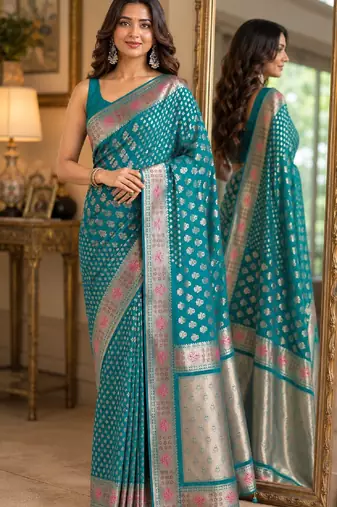 Rama soft silk blend banarasi jacuard work festive saree with unstitched blouse piece