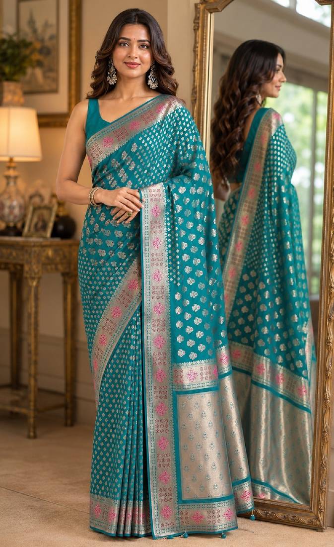 Rama soft silk blend banarasi jacuard work festive saree with unstitched blouse piece