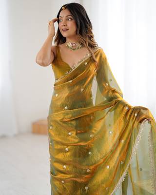 gold fendy satin fabric trending sequins embroidered saree 5
