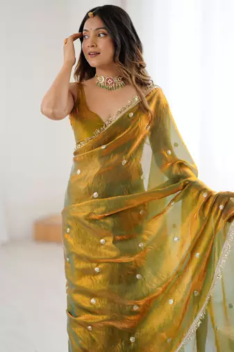 gold fendy satin fabric trending sequins embroidered saree