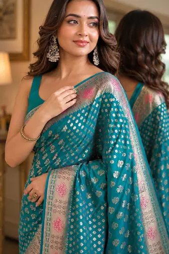 Rama soft silk blend banarasi jacuard work festive saree with unstitched blouse piece