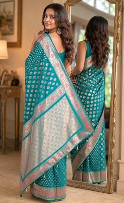 Rama soft silk blend banarasi jacuard work festive saree with unstitched blouse piece 3