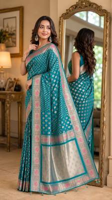 Rama soft silk blend banarasi jacuard work festive saree with unstitched blouse piece 4