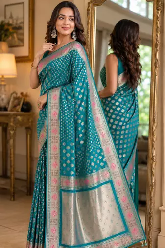 Rama soft silk blend banarasi jacuard work festive saree with unstitched blouse piece