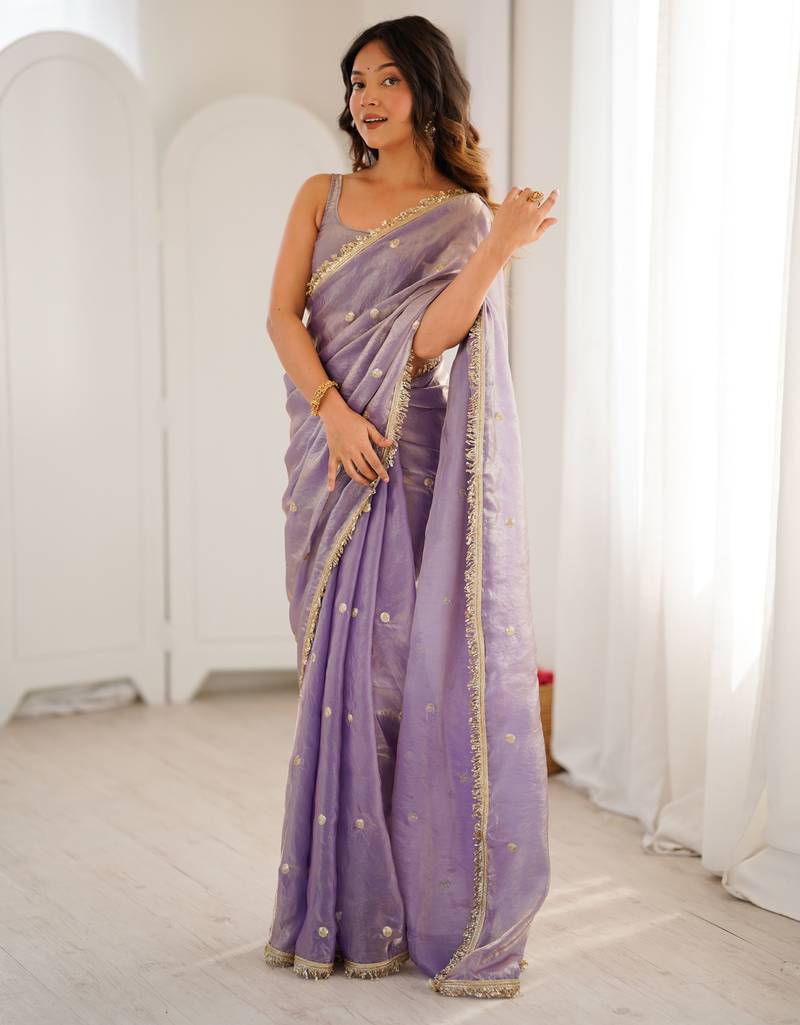 lavender fendy satin fabric trending sequins embroidered saree