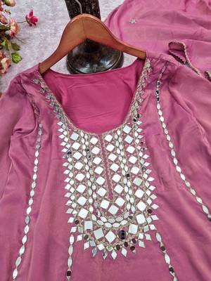 Mauve silk blend with hand work with real mirror kurta palazzo with dupatta 5