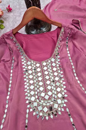 Mauve silk blend with hand work with real mirror kurta palazzo with dupatta