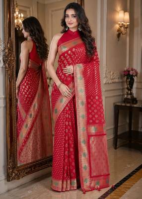Red soft silk blend banarasi jacuard work festive saree with unstitched blouse piece 1