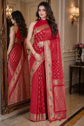 Red soft silk blend banarasi jacuard work festive saree with unstitched blouse piece
