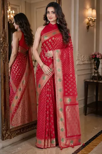 Red soft silk blend banarasi jacuard work festive saree with unstitched blouse piece