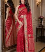 Red soft silk blend banarasi jacuard work festive saree with unstitched blouse piece