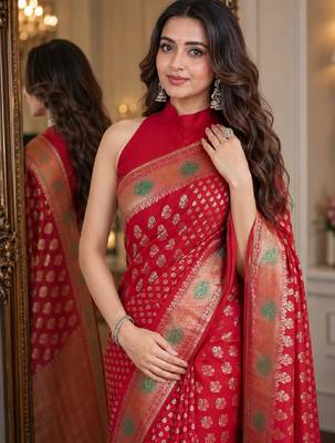 Red soft silk blend banarasi jacuard work festive saree with unstitched blouse piece 2