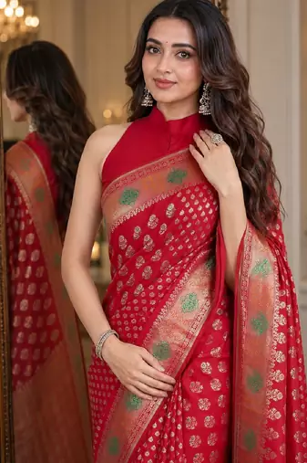 Red soft silk blend banarasi jacuard work festive saree with unstitched blouse piece
