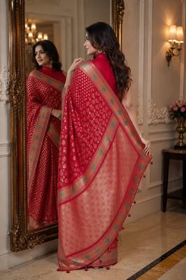 Red soft silk blend banarasi jacuard work festive saree with unstitched blouse piece 3