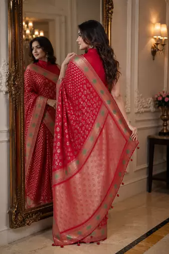 Red soft silk blend banarasi jacuard work festive saree with unstitched blouse piece