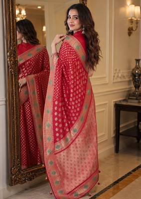 Red soft silk blend banarasi jacuard work festive saree with unstitched blouse piece 4