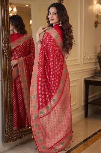 Red soft silk blend banarasi jacuard work festive saree with unstitched blouse piece