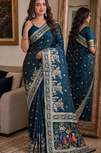 Morpich soft silk blend banarasi jacuard work festive saree with unstitched blouse piece