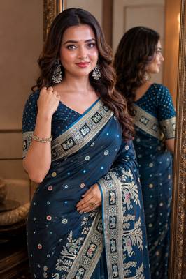 Morpich soft silk blend banarasi jacuard work festive saree with unstitched blouse piece 2