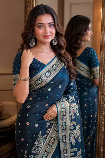 Morpich soft silk blend banarasi jacuard work festive saree with unstitched blouse piece