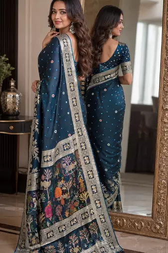 Morpich soft silk blend banarasi jacuard work festive saree with unstitched blouse piece