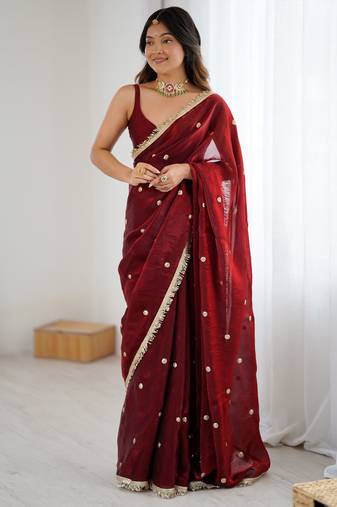 maroon fendy satin fabric trending sequins embroidered saree