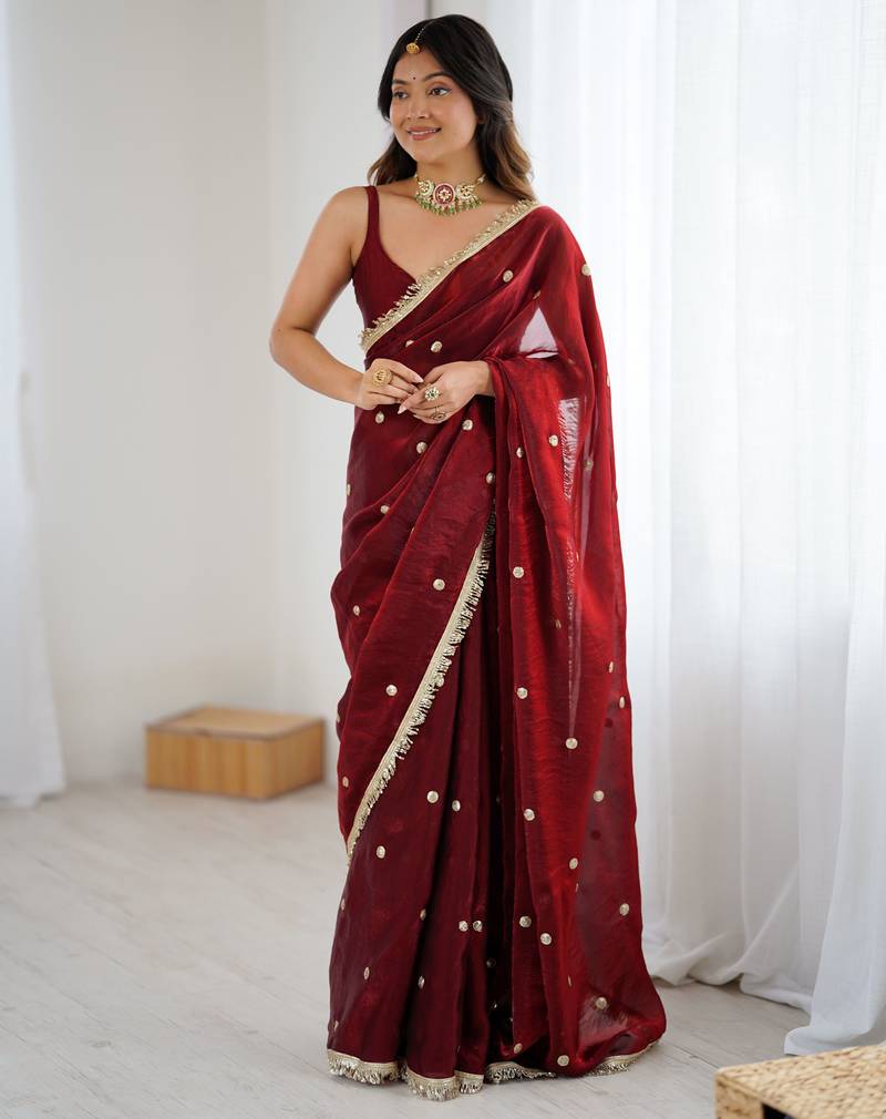maroon fendy satin fabric trending sequins embroidered saree
