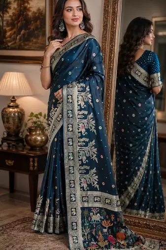 Morpich soft silk blend banarasi jacuard work festive saree with unstitched blouse piece