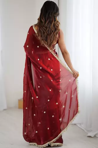 maroon fendy satin fabric trending sequins embroidered saree