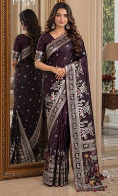 Wine soft silk blend banarasi jacuard work festive saree with unstitched blouse piece 1