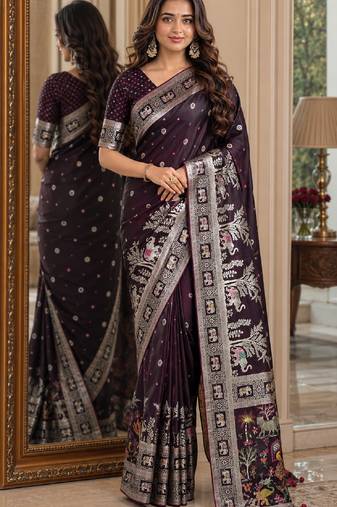 Wine soft silk blend banarasi jacuard work festive saree with unstitched blouse piece