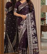 Wine soft silk blend banarasi jacuard work festive saree with unstitched blouse piece