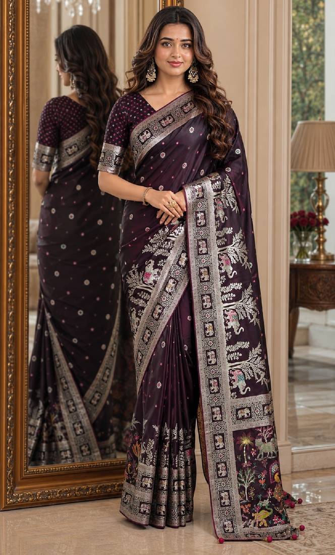 Wine soft silk blend banarasi jacuard work festive saree with unstitched blouse piece