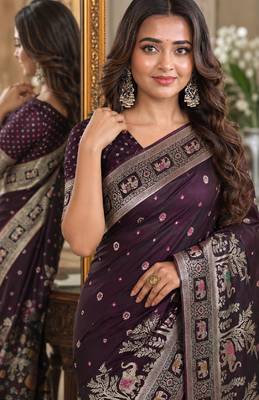 Wine soft silk blend banarasi jacuard work festive saree with unstitched blouse piece 2