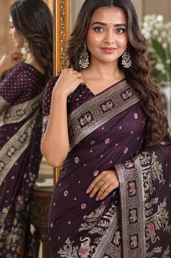 Wine soft silk blend banarasi jacuard work festive saree with unstitched blouse piece