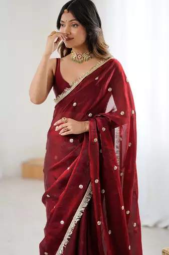 maroon fendy satin fabric trending sequins embroidered saree