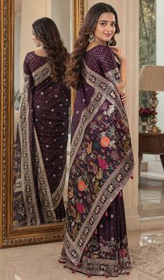 Wine soft silk blend banarasi jacuard work festive saree with unstitched blouse piece 3