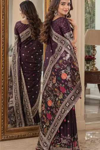 Wine soft silk blend banarasi jacuard work festive saree with unstitched blouse piece