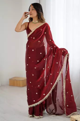 maroon fendy satin fabric trending sequins embroidered saree