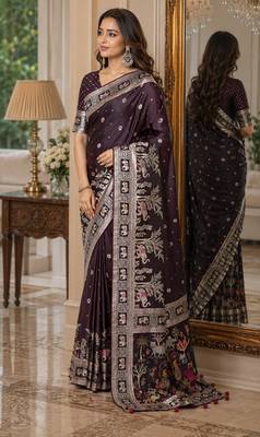 Wine soft silk blend banarasi jacuard work festive saree with unstitched blouse piece 4