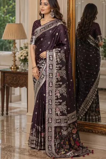 Wine soft silk blend banarasi jacuard work festive saree with unstitched blouse piece